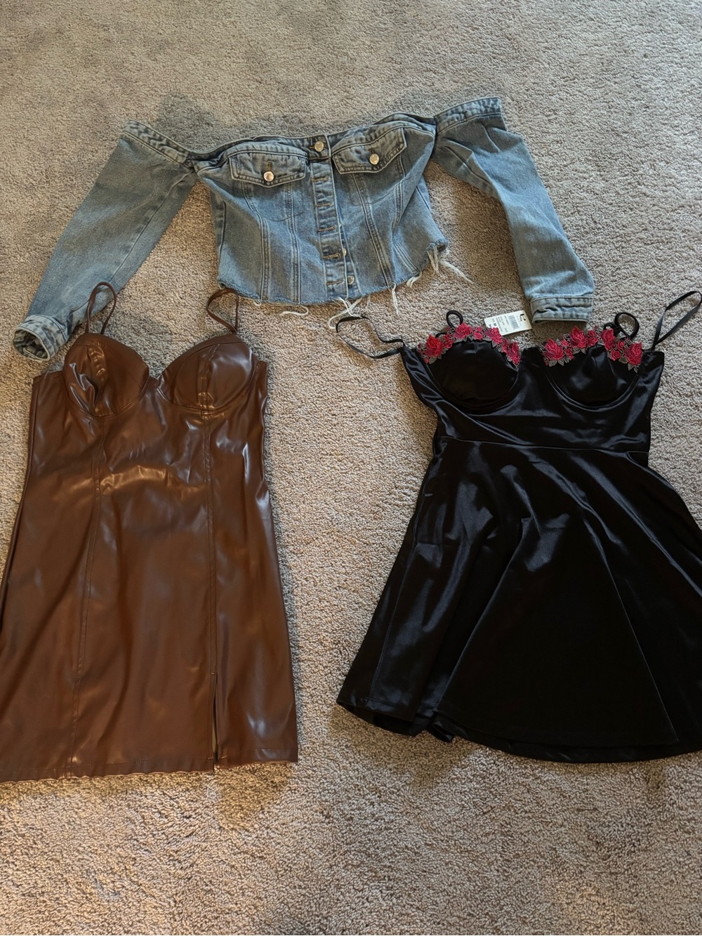 Black Satin Slip Dress with Red Flower Trim -